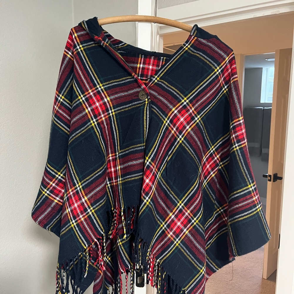 Plaid Poncho with Fringe